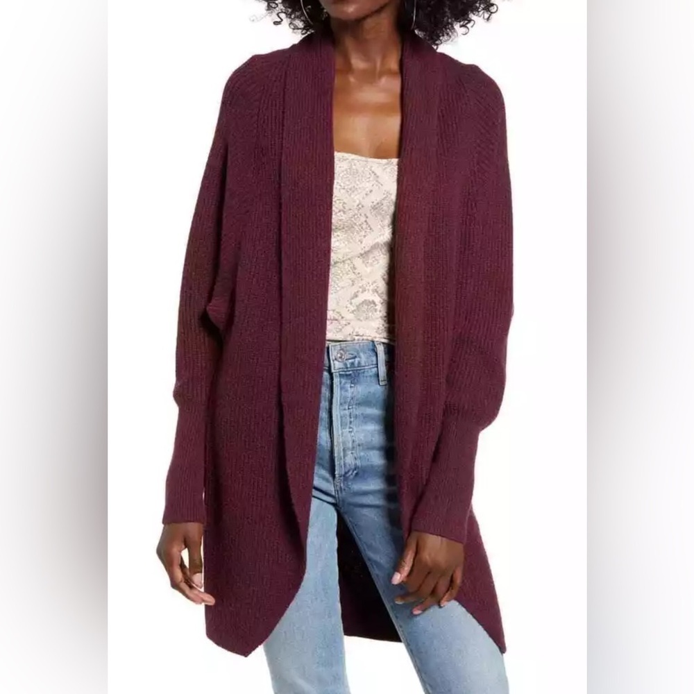 Leith | Burgundy Dolman Sleeve Shawl Collar Long Cardigan (L)